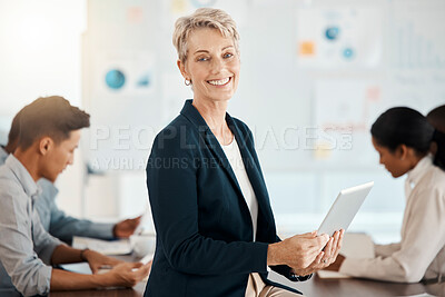Buy stock photo Senior manager, business woman and tablet research of an office leader happy with work team. Portrait of a ceo and digital analytics worker proud of teamwork innovation and company growth with tech