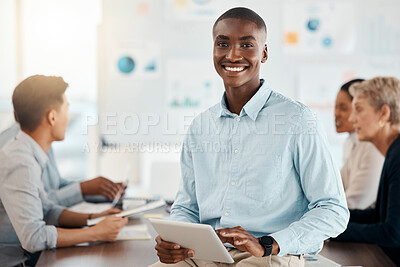 Buy stock photo Black man, business and leadership, presentation with tablet and team meeting portrait for project planning and strategy. Leader, corporate and collaboration, businessman with technology and speaker.