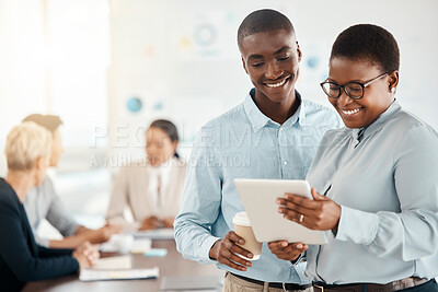 Buy stock photo Business team, tablet notes and office collaboration of happy marketing workers reading data together. Teamwork, black people and happiness of corporate marketing staff with a smile about group 