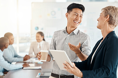 Buy stock photo Meeting, woman and man with tablet, happy conversation at creative marketing agency office. Coaching, teamwork and diversity, sharing idea and vision at workshop, CEO and businessman smile on project