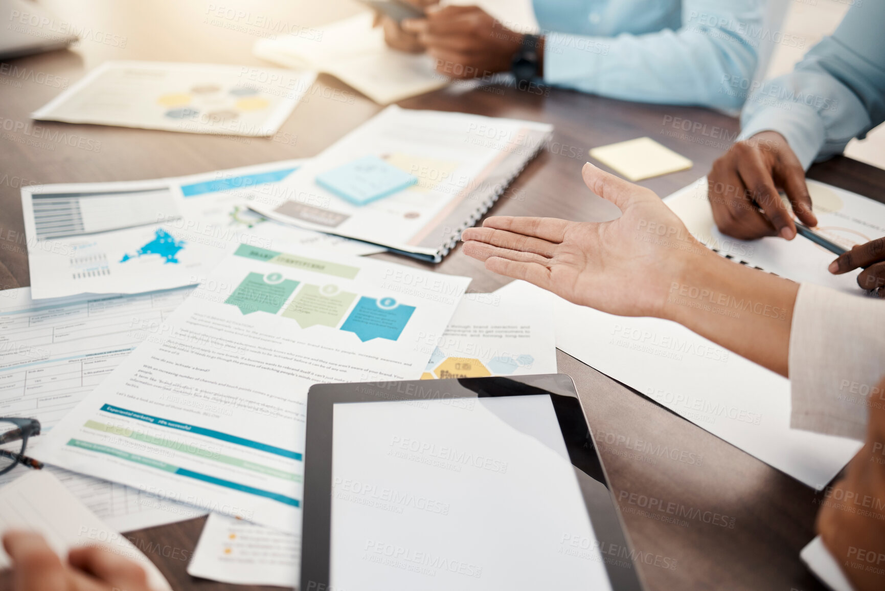 Buy stock photo Financial audit, performance report and tablet on desk with documents in meeting. Startup team brainstorming on business, growth and development. Teamwork, strategy and planning, consulting goal data