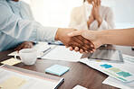 Business people, handshake and b2b for meeting, planning or partnership in agreement at the office. Employee workers shaking hands for business strategy, deal or collaboration at the workplace