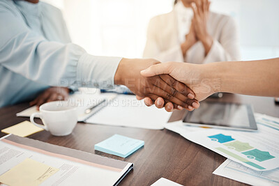 Buy stock photo Business people, handshake and b2b for meeting, planning or partnership in agreement at the office. Employee workers shaking hands for business strategy, deal or collaboration at the workplace