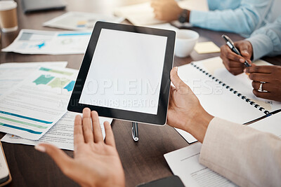 Buy stock photo Business people, meeting and blank screen tablet for ux ui mockup design for marketing and advertising with collaboration at office. Data analysis, KPI and finance team with woman planning for growth