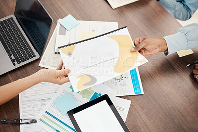 Buy stock photo Documents, analytics and hands with paperwork in meeting, giving report to coworker. Statistics, financial data and above of business people working in office with infographics, laptop and tablet