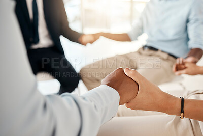 Buy stock photo Support, community and business people holding hands in a meeting for communication, collaboration and team building. Corporate, conference and workers praying, planning and working as a team