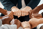 Fist, diversity and solidarity, support and collaboration, team trust and community in workplace. Business people, partnership and fist bump, team building and agreement while working together.