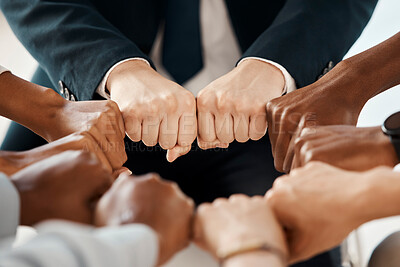 Buy stock photo Fist, diversity and solidarity, support and collaboration, team trust and community in workplace. Business people, partnership and fist bump, team building and agreement while working together.