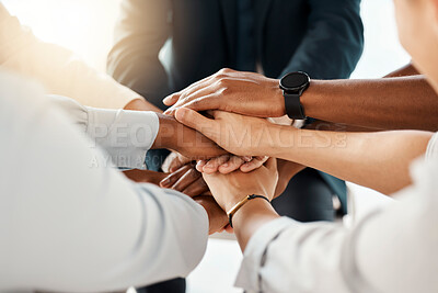 Buy stock photo Business people, teamwork and hands in support of vision, innovation and collaboration in trust huddle closeup. Hand, community and team building with employee team share strategy, goal and planning 