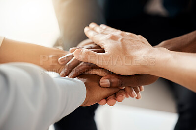 Buy stock photo Hands, team building and meeting for a mission, goals and sales growth targets with teamwork or collaboration. Diversity, support and business people planning a community development group project 