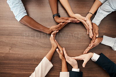 Buy stock photo People with hands in circle, business diversity and banner for global recruitment marketing. Round table meeting, solidarity in corporate workplace, group collaboration and united nations community