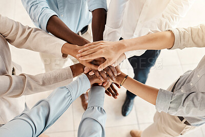 Buy stock photo Hands, team with support and solidarity, diversity with business people, collaboration and trust in the workplace. Community, team building and working together, office teamwork and partnership.