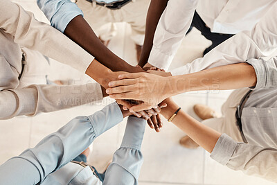 Buy stock photo Group hands stack, support business team and motivation solidarity together in office with diversity. Success hand teamwork, multicultural colleagues collaboration and corporate people from above