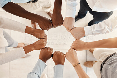 Buy stock photo Diversity, solidarity and hands of business people in circle for teamwork, collaboration and synergy for team building in a corporate office. Men and women group together for support, trust and power