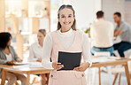 Marketing, office and portrait of a happy woman with a smile holding a notepad for a meeting with team. Creative, professional and employee from Canada working on project with colleagues in workplace