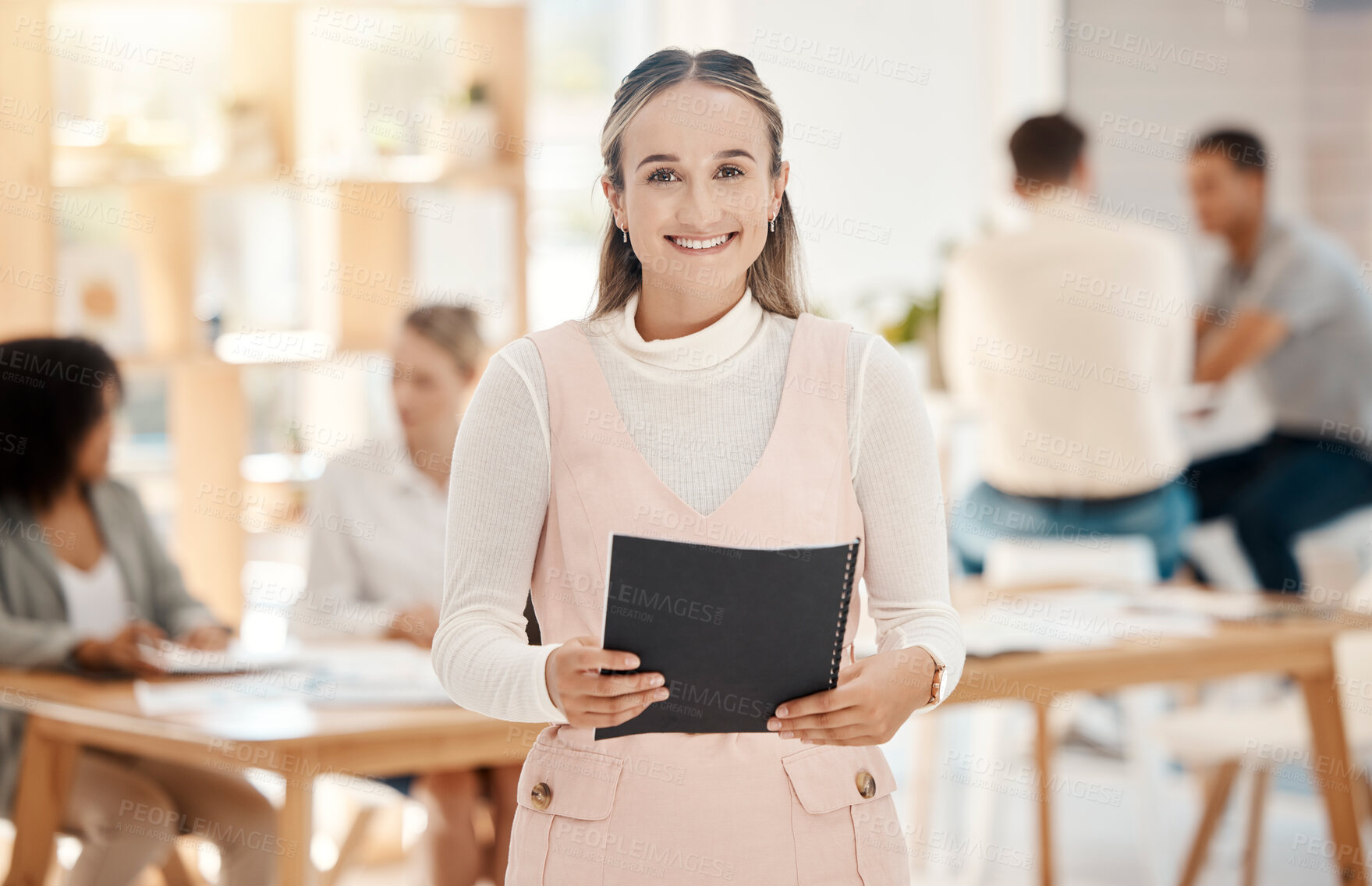 Buy stock photo Marketing, office and portrait of a happy woman with a smile holding a notepad for a meeting with team. Creative, professional and employee from Canada working on project with colleagues in workplace