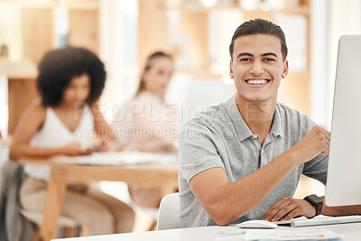 Buy stock photo Smile, portrait and creative businessman with a computer for  marketing, internet and working in a coworking office. Digital marketing, happy and young worker with a pc for work at a startup company