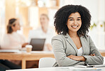 Portrait, black woman and business leader crossed arms, confident and pride. Female entrepreneur, corporate executive or empowered girl with smile, happy or leadership with vision for startup company