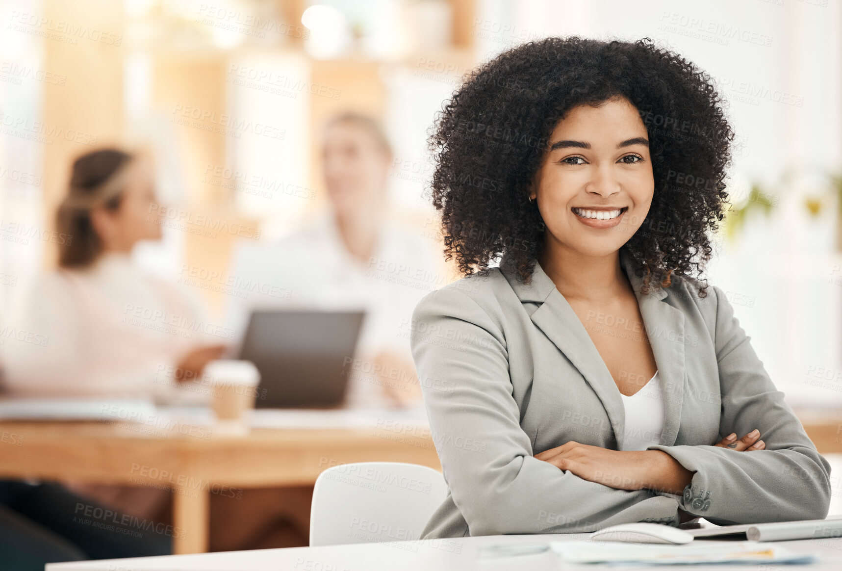 Buy stock photo Portrait, black woman and business leader crossed arms, confident and pride. Female entrepreneur, corporate executive or empowered girl with smile, happy or leadership with vision for startup company