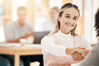 Buy stock photo Business women, handshake and hiring, hr and meeting for contract or agreement of partnership, collaboration in corporate. Interview success, deal and partner, employee welcome and thank you.
