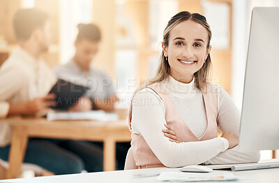 Buy stock photo Creative woman smile, office portrait and computer research with happiness at digital marketing business. Happy young worker, girl online with pc table and tech in social media marketing or web seo