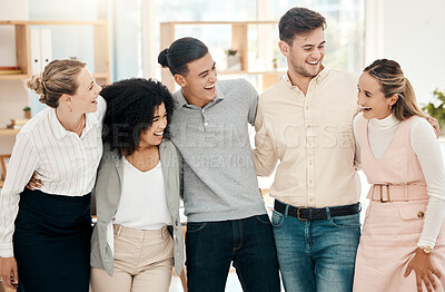 Buy stock photo Diversity, team and support, success and solidarity with collaboration in office and happy workplace. Business people, trust and community workforce, teamwork and team building in company.