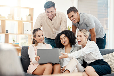 Buy stock photo Team, success and collaboration with laptop in meeting, happy office environment and community. Business people laugh, watching video online and workplace diversity, together and teamwork with tech.