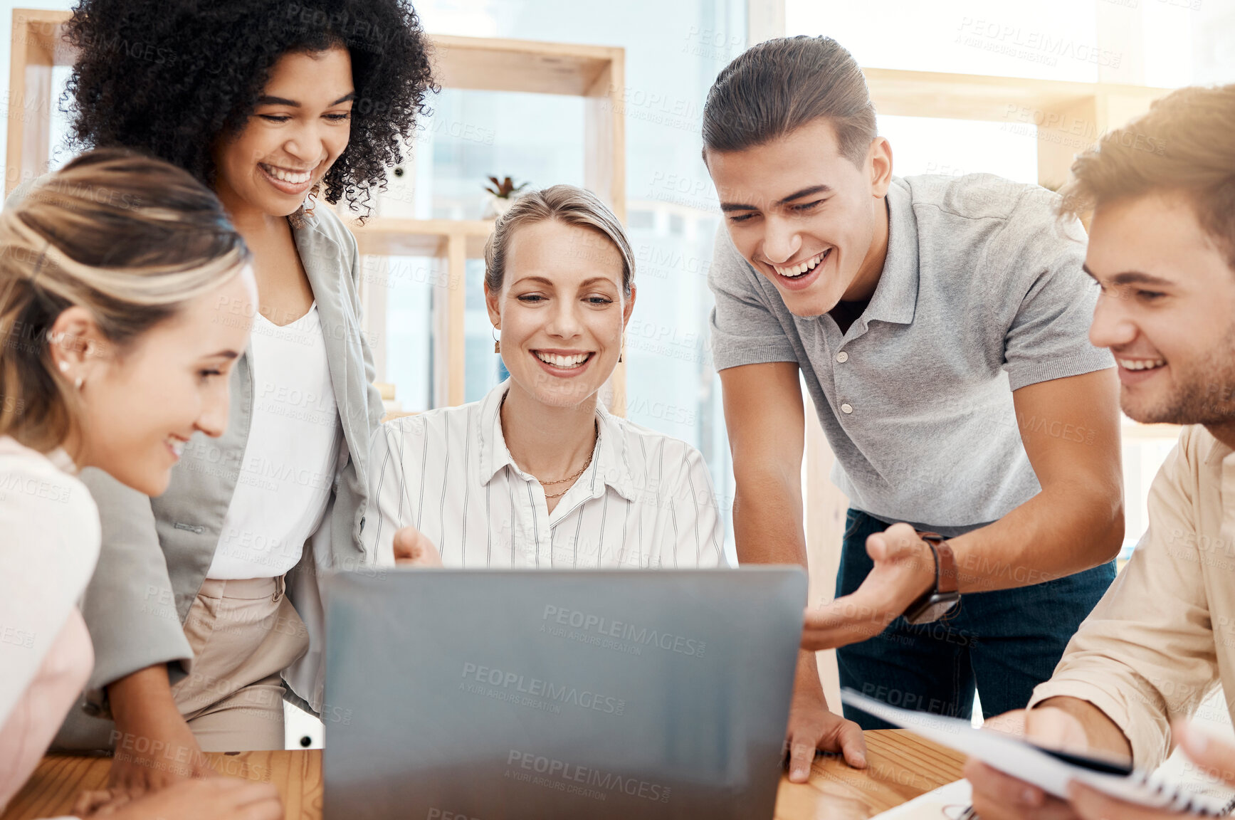Buy stock photo Diversity, team and laptop doing online planning, conversation and browse internet together for marketing. Digital device, teamwork and group project discussion, collaboration and talking business.