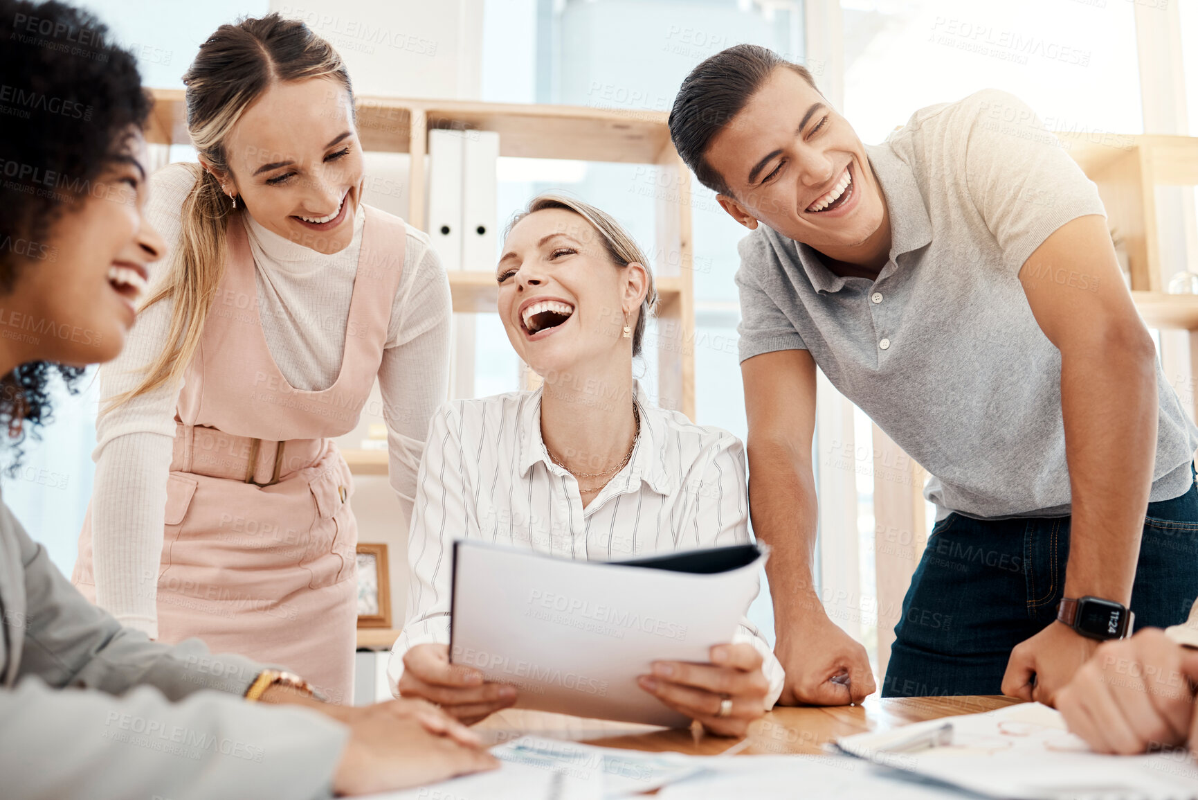 Buy stock photo Meeting, documents and team happy with success of kpi target goals, global marketing strategy or teamwork. Manager, leader or diversity business people with data laugh over joke or sales achievement