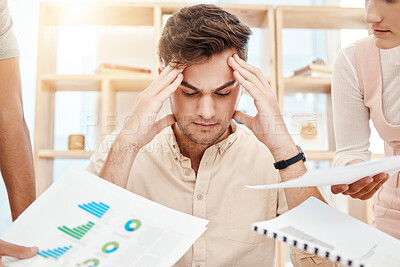 Buy stock photo Stress, young man and headache being overworked, upset and tired in office. Business, employee and male experience burnout, frustrated and depressed with multiple task with anxiety and mental health.