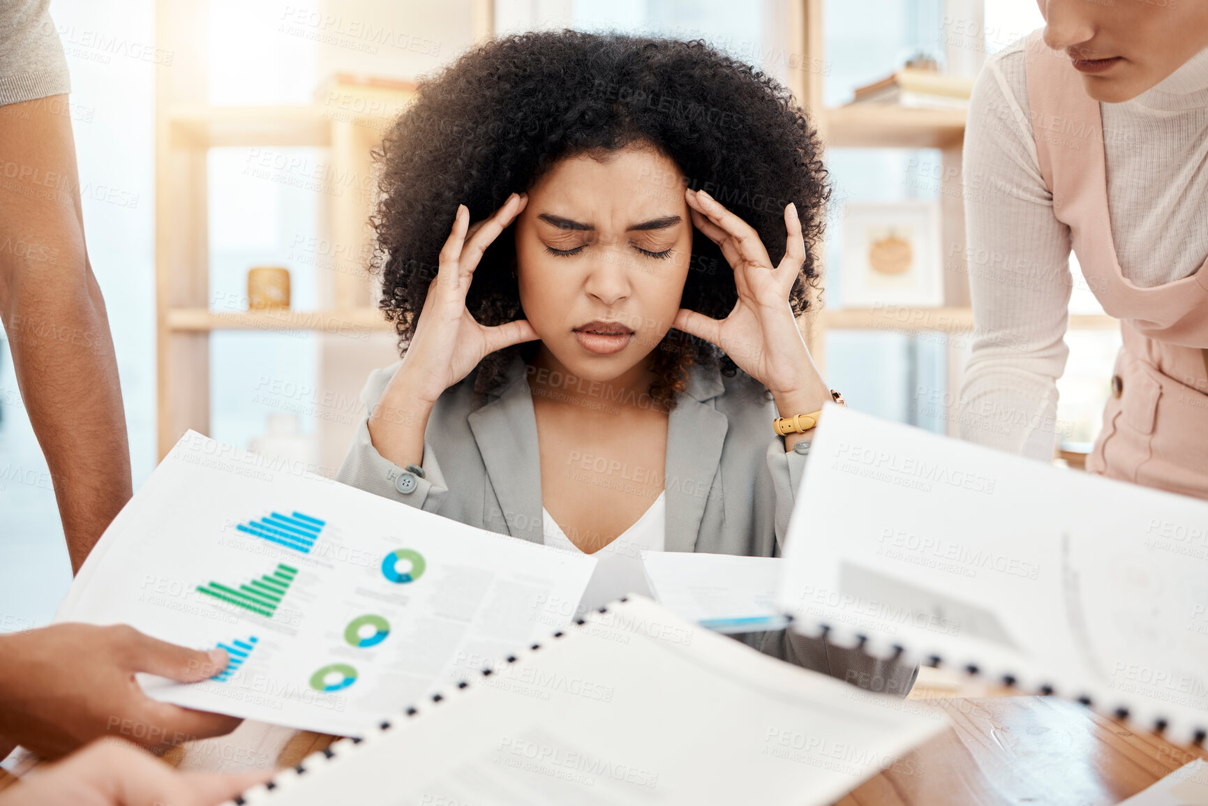 Buy stock photo Stress, headache and burnout of business woman with busy schedule during tax compliance, report and audit in office with financial documents and employees. Depression of female manager during crisis