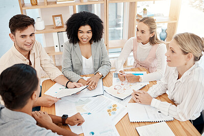 Buy stock photo Diversity, business meeting and team have discussion, collaboration ideas and sales progress in office. Teamwork,  conversation and planning for group project, marketing strategy and analyze charts.