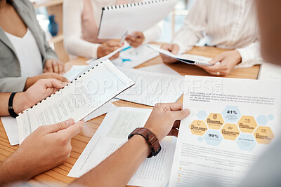 Buy stock photo Data analysis, paperwork and business people in a meeting planning a financial strategy and reading finance documents. Analytics, marketing and employees coworking with teamwork on a portfolio report