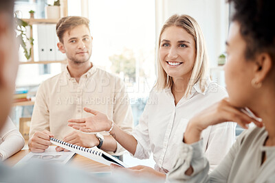 Buy stock photo Proposal, happy and business people meeting with a report for feedback, planning and strategy for partnership. Presentation, document and woman speaking about corporate reflection on company growth