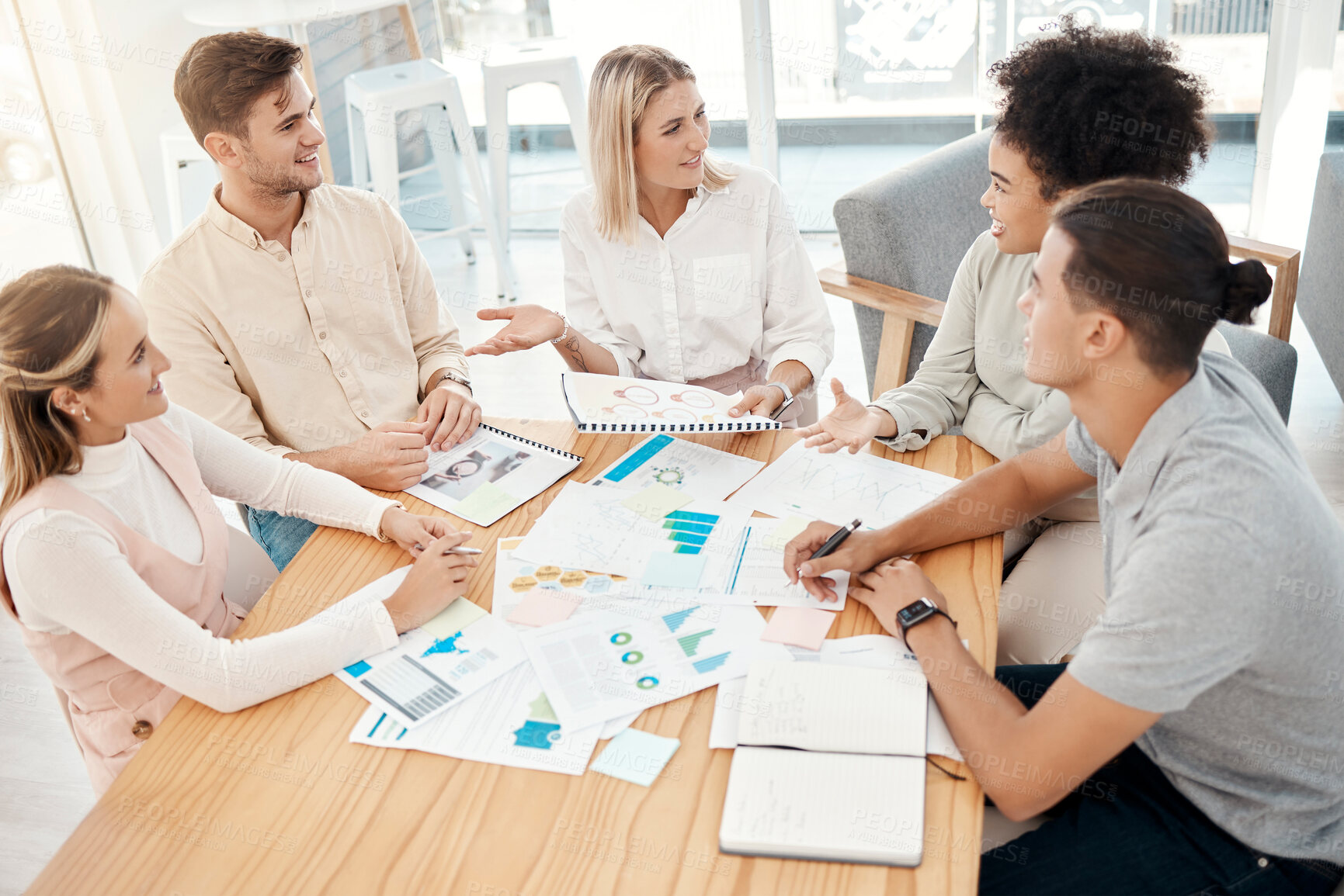 Buy stock photo Documents, graphs and business people in meeting for analysis, talking and planning. Teamwork, strategy and group in discussion, speaking and working on infographics, analytics and financial report
