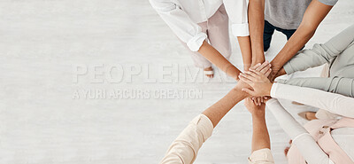 Buy stock photo Hands, support and solidarity in team with community in workplace, professional partnership and collaboration mockup. Team building overhead, business people and diversity, company mission together.