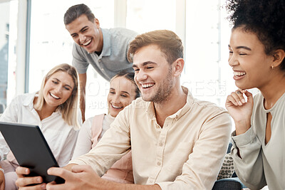Buy stock photo Office, happy and friends on tablet social media for work break fun together with satisfied smile. App, streaming and wifi internet connection for workplace leisure with young corporate workers.

