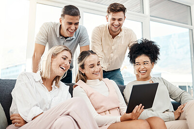 Buy stock photo Relax, tablet and work friends on social media laughing at funny memes, online content and internet videos. Smile, team building and happy employees enjoying crazy, comic or comedy on a group break 
