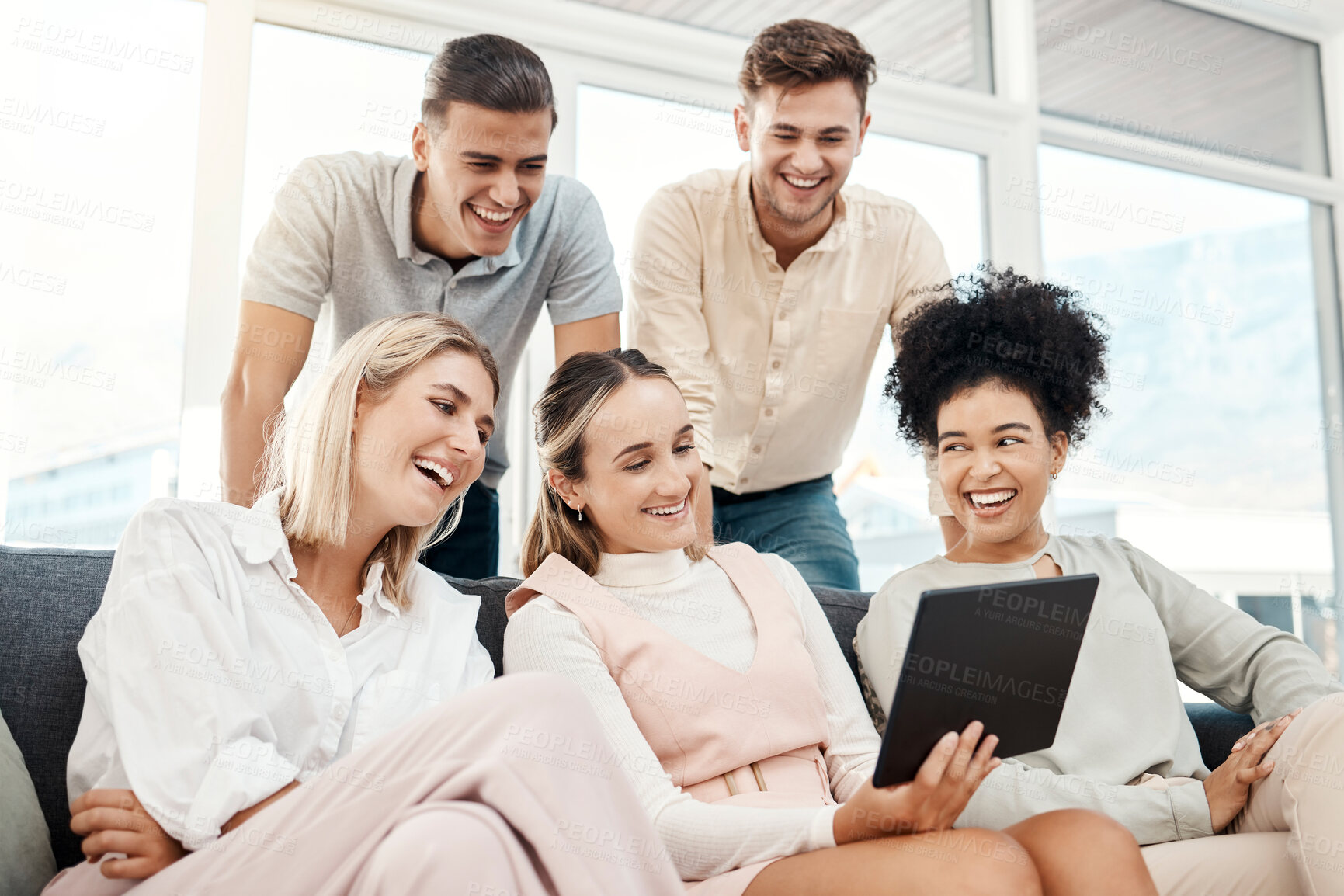 Buy stock photo Relax, tablet and work friends on social media laughing at funny memes, online content and internet videos. Smile, team building and happy employees enjoying crazy, comic or comedy on a group break 