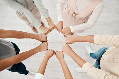 Buy stock photo Corporate teamwork, fist bump hands of people in company diversity together and global business connection. Group employees collaboration, staff success and office workplace community team building