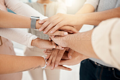 Buy stock photo Stacked hands, team building and employee teamwork with business community support, collaboration and motivation together. Corporate unity, staff solidarity and creative startup workforce cooperation
