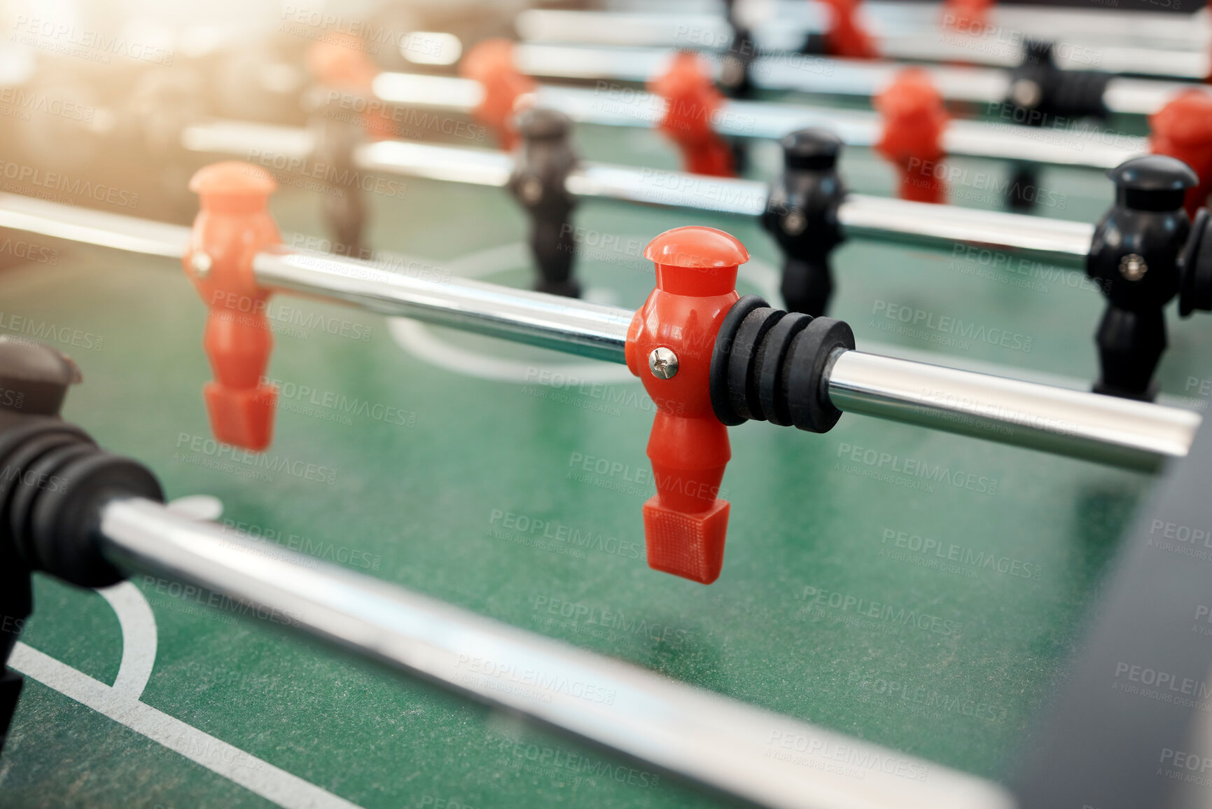 Buy stock photo Foosball, game and table for entertainment, fun and team activity with artificial toy or players in zoom. Plastic, arcade and games for competition, competitive and miniature football or soccer field