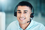 Happy call center man, CRM or customer support employee for telemarketing deal, support or motivation. Face, sales advisor or business man for customer service, contact us or customer hotline success