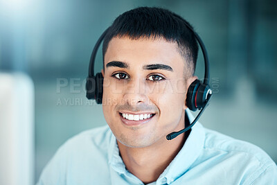 Buy stock photo Happy call center man, CRM or customer support employee for telemarketing deal, support or motivation. Face, sales advisor or business man for customer service, contact us or customer hotline success
