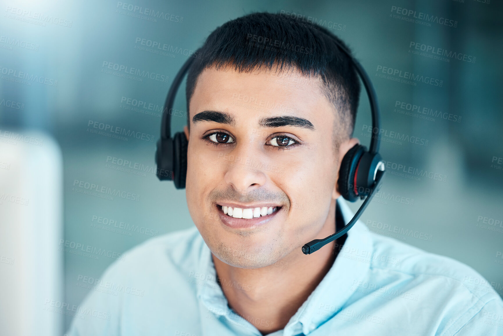 Buy stock photo Happy call center man, CRM or customer support employee for telemarketing deal, support or motivation. Face, sales advisor or business man for customer service, contact us or customer hotline success