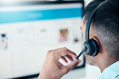 Buy stock photo Call center employee, contact us and man with headphone, communication and technology for tech support, telemarketing or customer service. Connect, ecommerce and computer, consultant or agent working