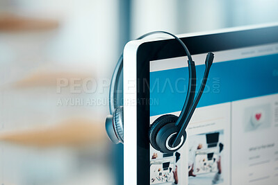 Buy stock photo Headphones, call center and computer, screen and empty office. Contact us, customer service or crm, technology and pc, headset and helpdesk for hotline assistance, support or equipment in workplace

