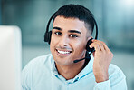 Call center, communication and face of worker working in telemarketing, online support and crm business with a pc. Customer service, consulting and portrait of a consultant in conversation on the web
