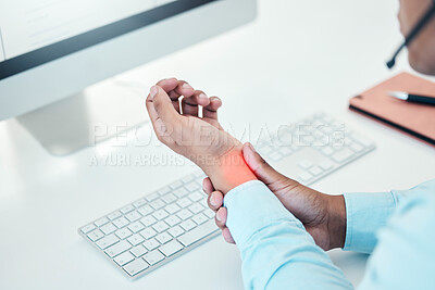 Buy stock photo Businessman, hands injury or office carpal tunnel by computer in call center, contact us or customer support company. Wrist pain, stress or technology muscle tension abstract for telemarketing worker