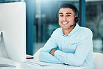Call center, portrait and employee with a smile and computer for support, help and communication on the internet. Crm, ecommerce and telemarketing worker working in customer service as a consultant